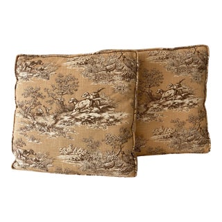 Pair of Large 1980s Chair or Floor Cushions Pillows in P Kaufmann Pointer Toile Hunting Dogs Khaki For Sale