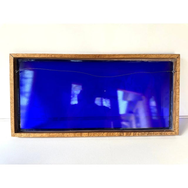 Vintage Cobalt Blue Etched Glass Panel in Solid Oak Frame For Sale - Image 6 of 7