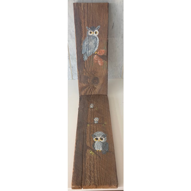 The image features two vertical, rustic wooden planks decorated with hand-painted owls.Owl Painting Overview This original...