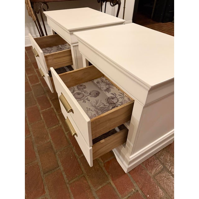 Refinished Two-Drawer Nightstands in Warm White With Brass Hardware, Pair For Sale - Image 4 of 6