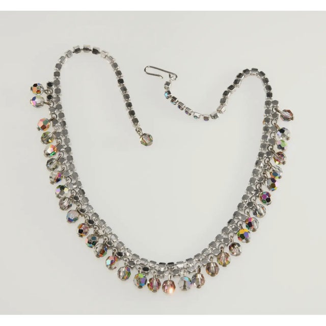 Abstract Vintage Necklace Dangling Glass Beads Iridescent Blue Rhinestones Silver-Plated For Sale - Image 3 of 4