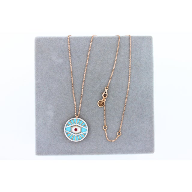 Metal Diamond Halo Evil Eye Turquoise 18k Rose Gold Pendant Charm Medallion Necklace For Sale - Image 7 of 18