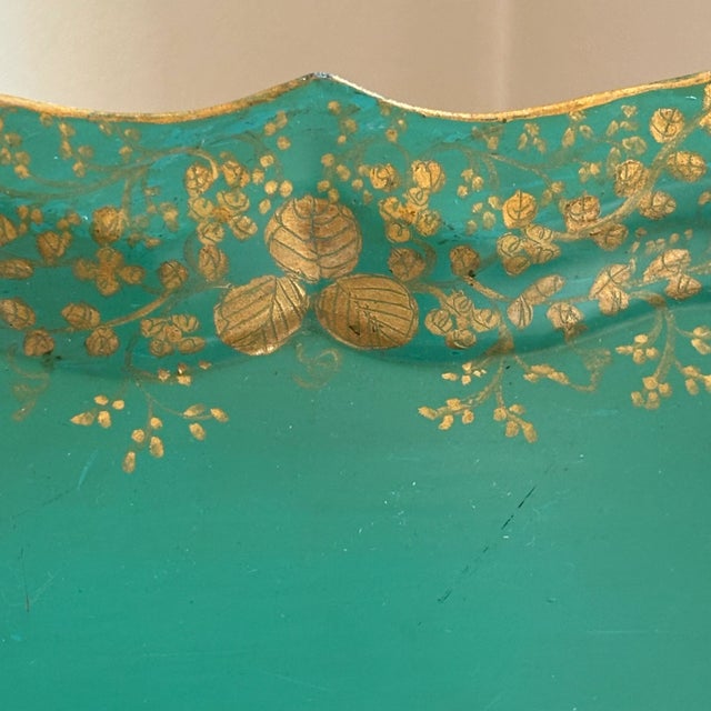 Early-20th Century Hand-Painted Teal & Gold Tole Serving Tray For Sale In Baltimore - Image 6 of 17