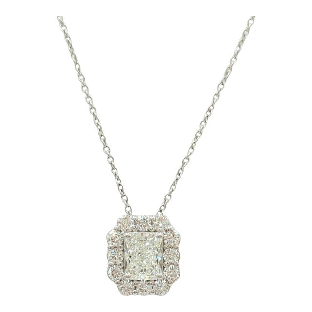 GIA White Diamond Radiant Pendant Necklace in 18K White Gold For Sale