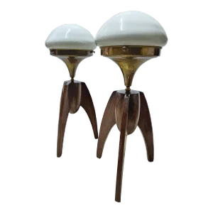 Pair Vintage Art Deco Light Rocket Shape Table Lamp Wooden Brass & Mushroom Milk Glass Shade