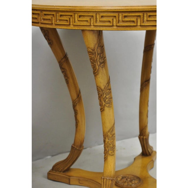 Vintage Italian Regency Round Leather Top Greek Key Carved Side Tables - A Pair For Sale - Image 12 of 15