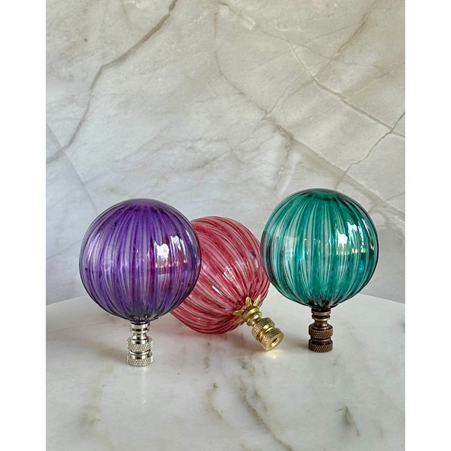 Ribbed Optic Glass Lamp Finial in Teal on Chrome Hardware For Sale In Madison - Image 6 of 7