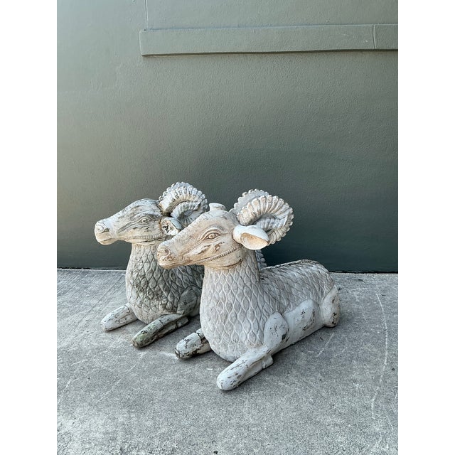Vintage Monumental Distressed Hand Carved Rams - A Pair For Sale - Image 9 of 13