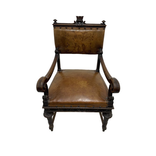 Wood Set of 8 Italian Walnut Dining Chairs With Embossed Leather, Late 19th Century For Sale - Image 7 of 18