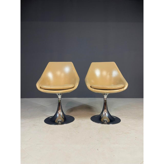 Beige Beige Swivel Chairs with Chrome Pedestal Bases, France, 1970s, Set of 2 For Sale - Image 8 of 15