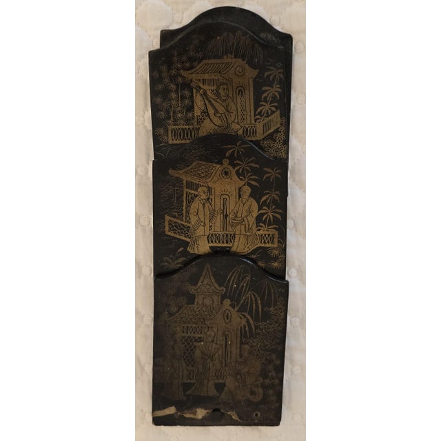 Chinoiserie 19th Century Chinoiserie Black Lacquer Wall Pocket and Paper Divider Ensemble For Sale - Image 3 of 12
