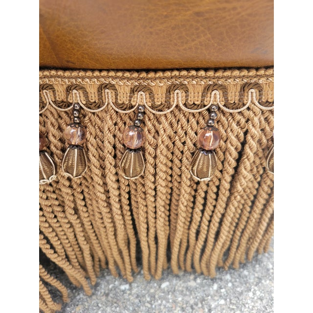 Vintage Genuine Leather Large Ralph Lauren Style Scalloped Camel Ottoman With Bullion Fringe For Sale - Image 13 of 17