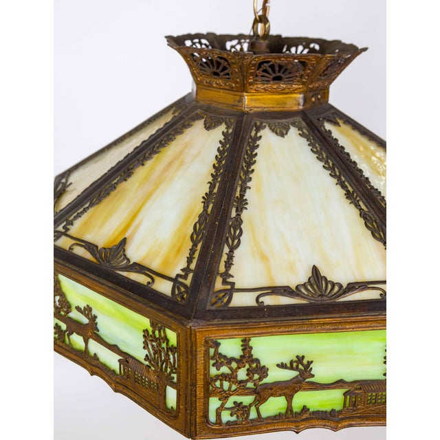 Early 20th Century Pale Green-Amber Slag Glass Pendant Light With Scenic Trim For Sale - Image 4 of 12