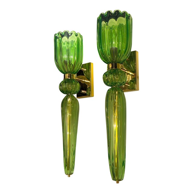 Pair of Murano Apple Green Torch Sconces For Sale