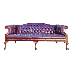 1970s English Camelback Tufted Chesterfield Burgundy Leather Sofa