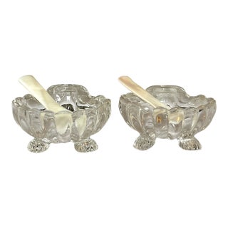 1930s Scallop Oyster Shell Glass Caviar Bowls or Salt Sellars by Cambridge Glass With Mother of Pearl Spoons - a Pair For Sale