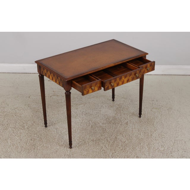 Traditional Theodore Alexander Attributed Marquetry Inlaid Leather Top Writing Desk For Sale - Image 3 of 17