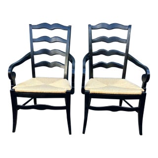 Pair of Ethan Allen French Country Back Painted Ladder BackRush Seat Armchairs For Sale