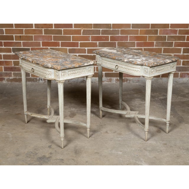 18th Century Pair of French Louis XVI 18th Century Painted Console Tables with Marble Tops For Sale - Image 5 of 12