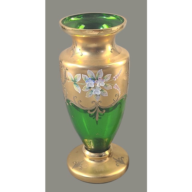 Gold Vintage Bohemian Heavily Gilded High Enamel Floral Green Crystal Art Glass Vase For Sale - Image 8 of 11