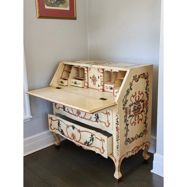 French Provincial Custom Hand Painted Chinoiserie Grandeur Drop Front Secretary Desk Drawer Storage Cabinet For Sale - Image 3 of 12