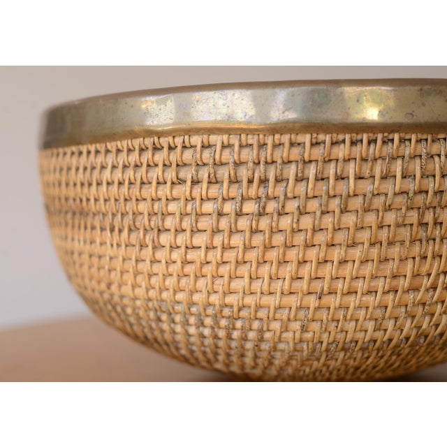 1970s Vintage 1970s 15" Brass-Rimmed Rattan Basket Bowl For Sale - Image 5 of 12