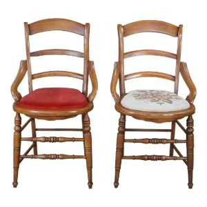 Late 19th Century Antique Victorian Eastlake Maple Ladder Back Needlepoint Velvet Parlor Chairs - Set of 2