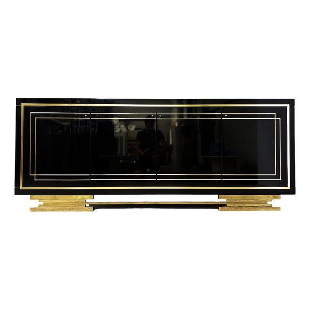 Vintage Black Lacquered and Brass Sideboard, 1980s For Sale