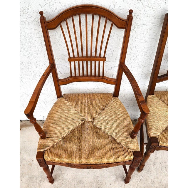 1980s French Country Dining Chairs Rush Seats Wheat Backs With Cushions Set of 8 For Sale - Image 5 of 11