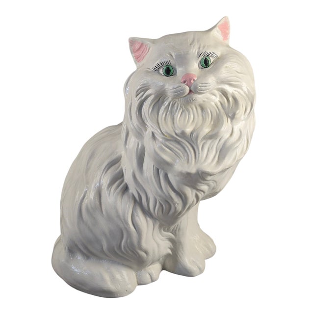 Vintage Ceramic Life Size White Green Eyes Cat Figurine 14'' High For Sale - Image 10 of 10