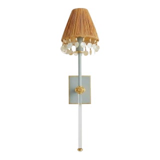 Visual Comfort Baby Blue Glass Rod Jeweled Custom Raffia Shell Trim Shade Single Light Wall Lamp Sconce For Sale