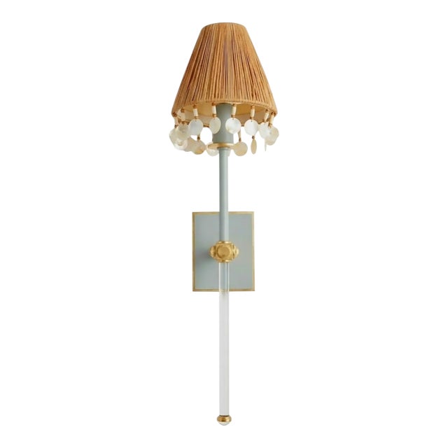 Visual Comfort Baby Blue Glass Rod Jeweled Custom Raffia Shell Trim Shade Single Light Wall Lamp Sconce For Sale