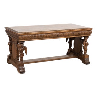 19th Century Danish Carved Oak Desk With Angels and Trestle Base For Sale