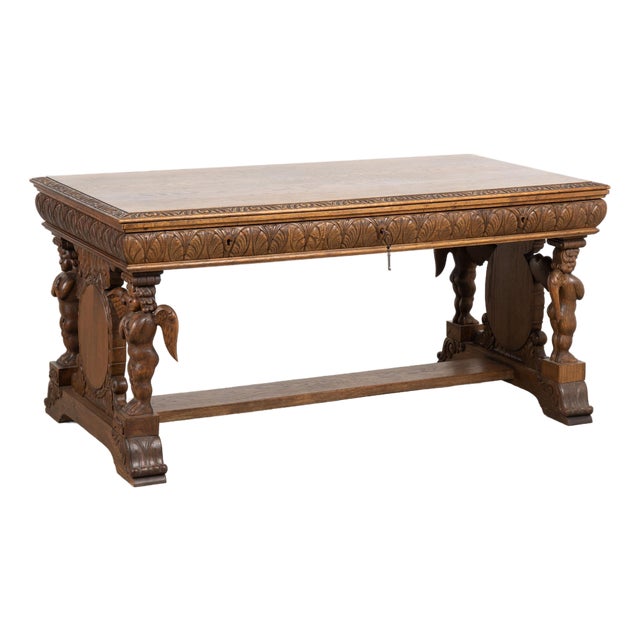 19th Century Danish Carved Oak Desk With Angels and Trestle Base For Sale