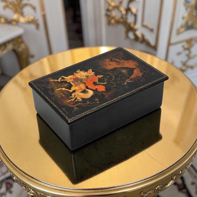 Russian Kholui Lacquer Box — Ruslan and the Head — Signed Gazaev 5.375" For Sale - Image 4 of 17