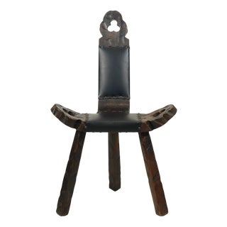 Mid-Century Brutalist Tripod Chair in Pine and Faux Leather, Spain For Sale