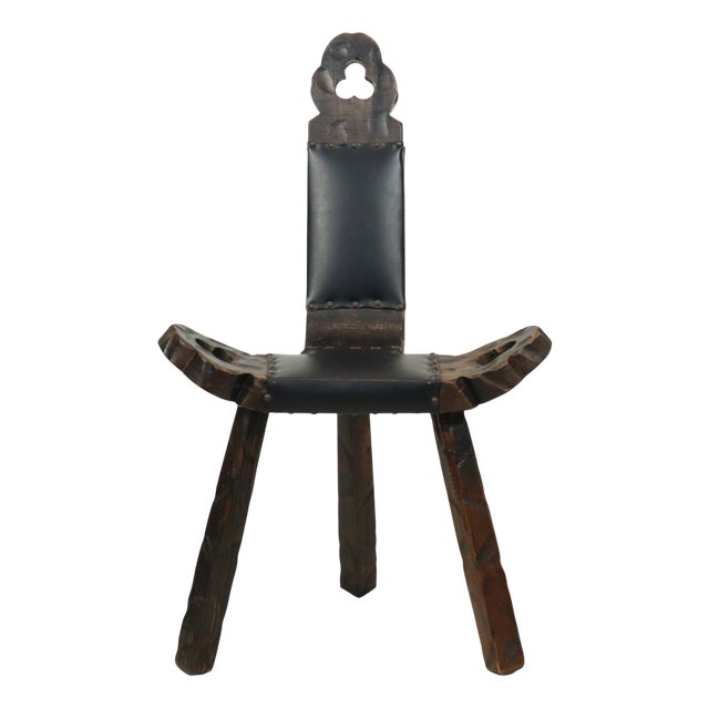 Mid-Century Brutalist Tripod Chair in Pine and Faux Leather, Spain For Sale