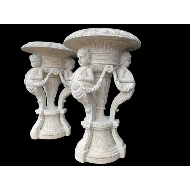 Stone Large 20th Century Hand-Carved Marble Planters, Set of 2 For Sale - Image 7 of 16