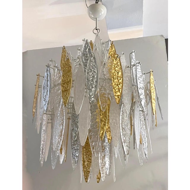 Glass Modern Italian Silver Gold Frosted White Crystal Murano Glass Icicle Chandelier For Sale - Image 7 of 12