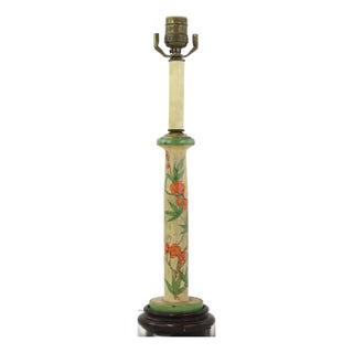 Vintage Hand-Painted Candlestick Lamp With Chinoiserie Floral and Bamboo Motif For Sale