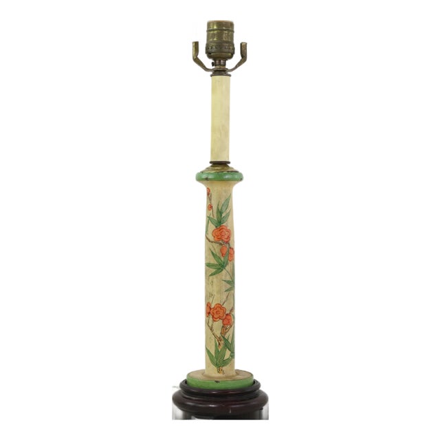Vintage Hand-Painted Candlestick Lamp With Chinoiserie Floral and Bamboo Motif For Sale
