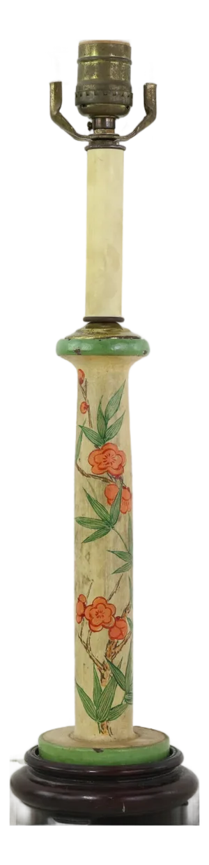 Vintage Hand-Painted Candlestick Lamp With Chinoiserie Floral and Bamboo Motif