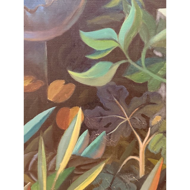 A richly layered surrealist landscape painting signed and dated “M. Brandenberger ’79,” executed in oil on canvas and...