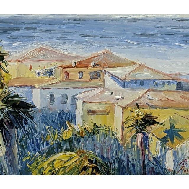 Late 20th Century Ray Simonini Mediterranean Village Oil Painting, Heavy Impasto, Blue & Gold For Sale - Image 4 of 18