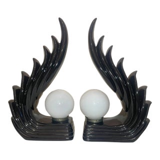 Large Pair of Vintage Mid Century Modern Wave Flame Black Ceramic Table Lamps For Sale