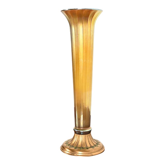 Louis Comfort Tiffany Furnaces Favrile Iridescent Art Glass Trumpet Vase on Bronze Doré Enameled Stand, 1920s For Sale