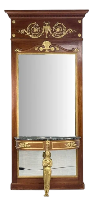 Empire Revival, Mahogany, Bronze, Monumental Mirror and Console, France, 19th C.