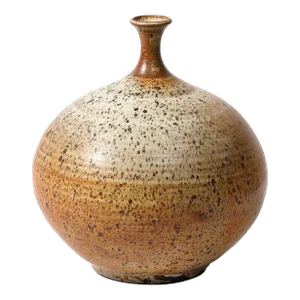 Mid-Century Modernist Round Speckled Earth Tone Ceramic Vase W/ Tapered Neck