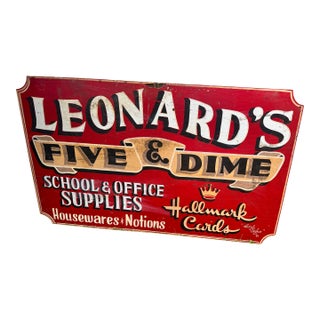 Large 1983 Hand-Painted Folk Art Storefront Sign: Leonard's Five & Dime, Poconos, Pa For Sale