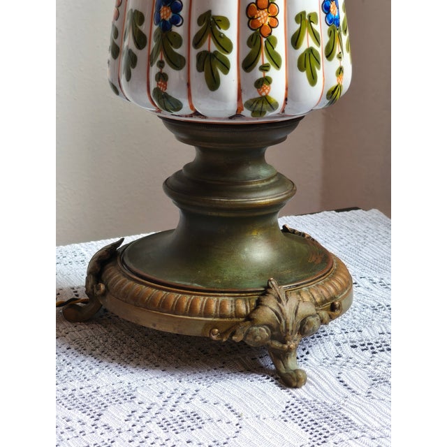 Mid-Century Italian Brass & Ceramic Table Lamp with Frosted Etched Glass Shade, 1950s For Sale - Image 4 of 15